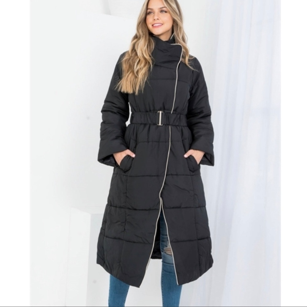 Asymmetric Belted Puffer Coat